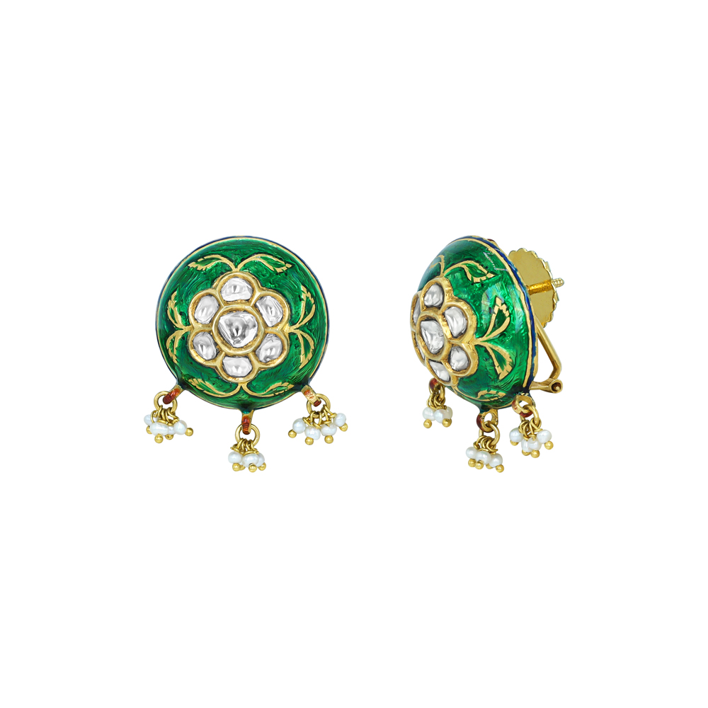 Green Enamel Earrings with Polki Floral Motifs and Pearl Drops